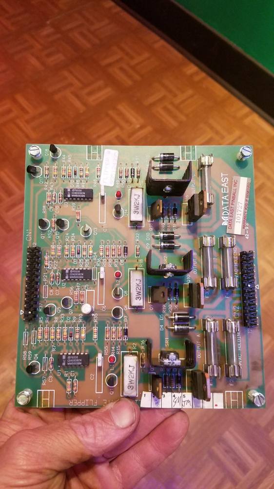 Data East pinball flipper board, on the bench